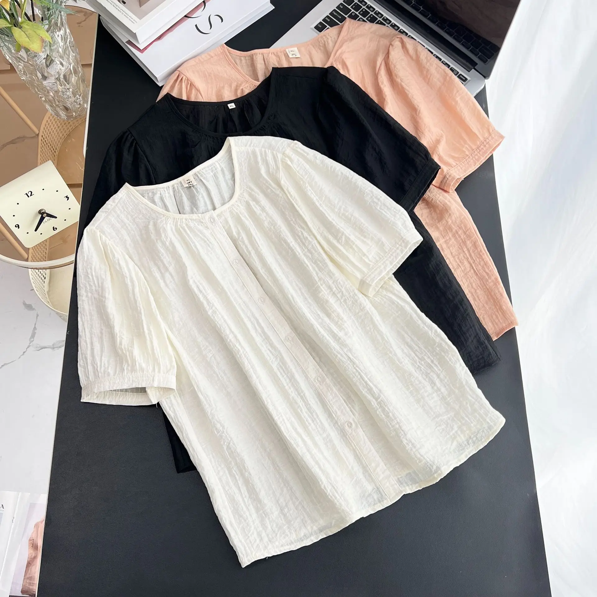 100 กก.พลัสขนาดผู้หญิงเสื้อฤดูร้อนใหม่บางเสื้อแขนสั้นป้องกันแสงแดดเสื้อ 671