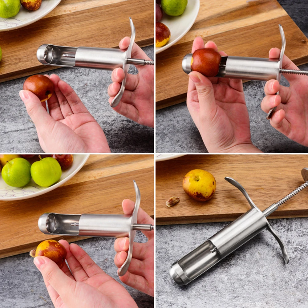 Syringe Shape Fruit Core Remover Stainless Steel Red Dates Jujube Pitter Cherry Olive Corer Seed Push Out Tool Kitchen Gadgets