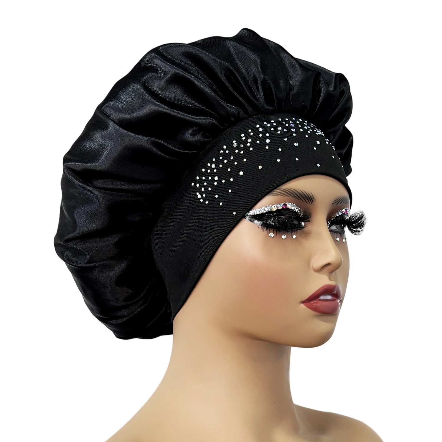 Newly Women Satin Night Sleep Cap Luxury Rhinestone Hair Bonnet Hat Shower Cap Bathroom Hair Accessories Turban Headwrap