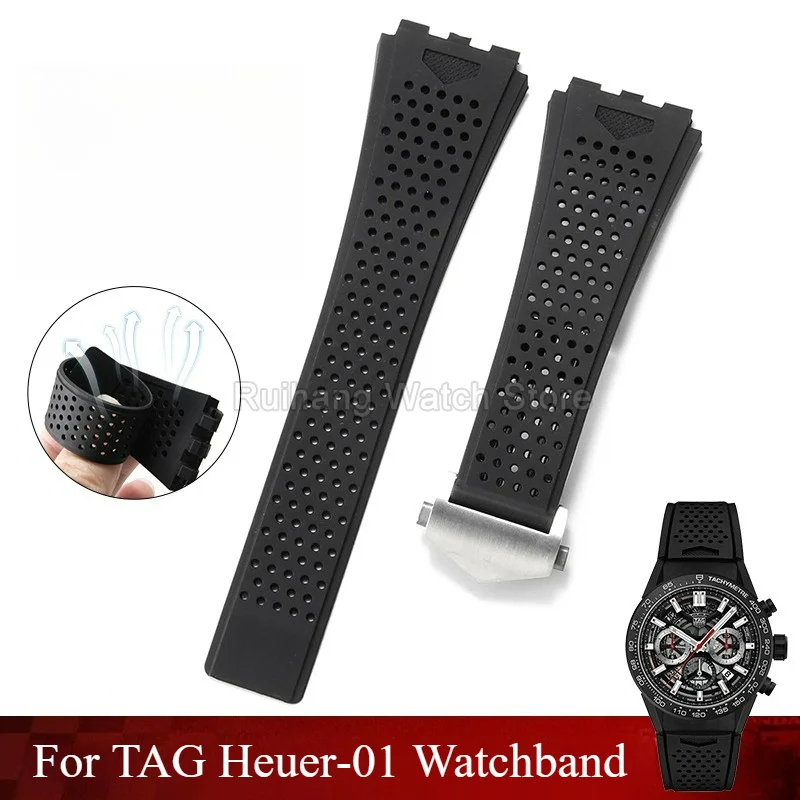 Dense Honeycomb Perforated Black Liquid Silicone Watch Bracelet 22x28mm Folding Clasp Special Interface for TAG Heuer Watchband