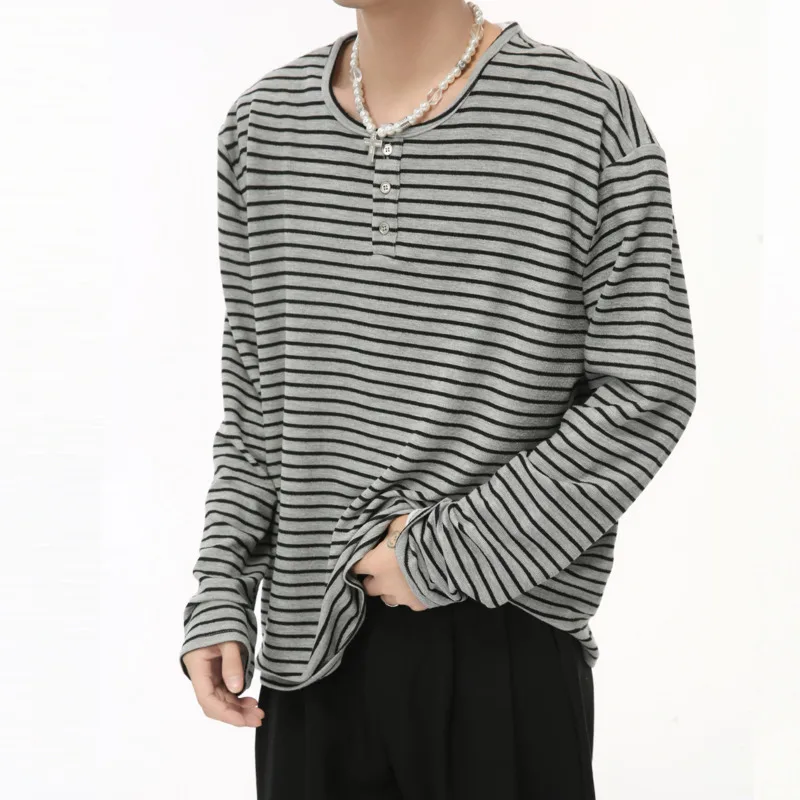 Korean Style High Street Round Collar Long Sleeve Striped Loose T-shirt Nich Design Male Top 2024 Autumn New T-shirts