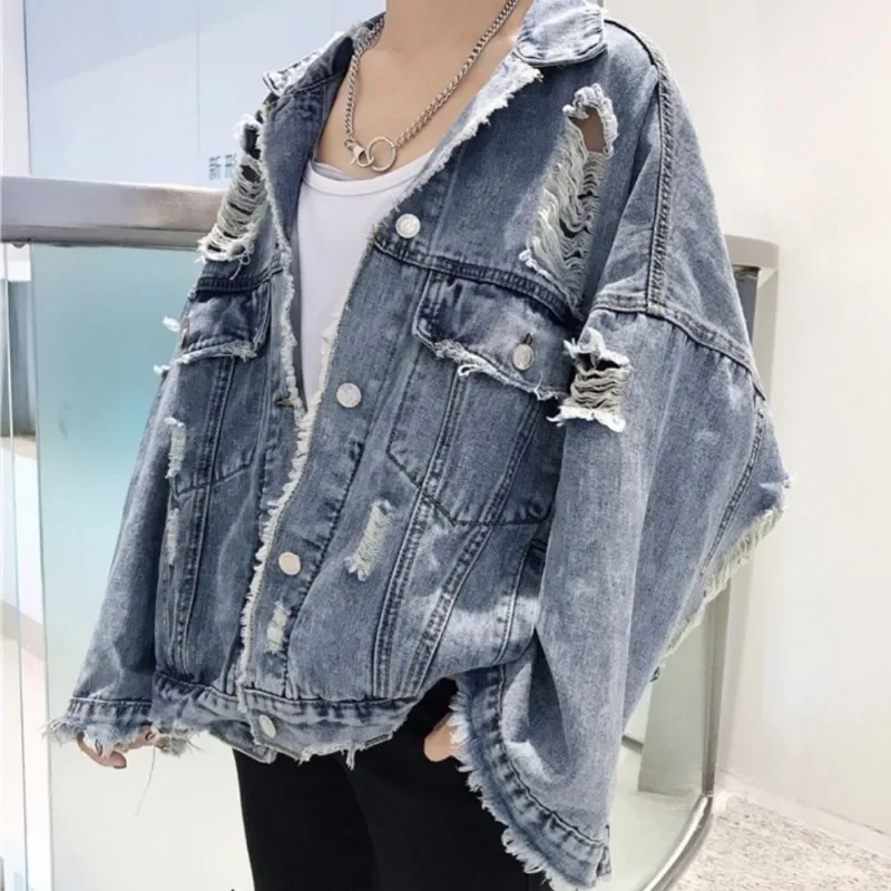 Denim Jacket Y2K Fashion Ripped New Outerwear Streetwear Hip Hop Broken Hole Jackets for Women Women\'s Jeans Jacket