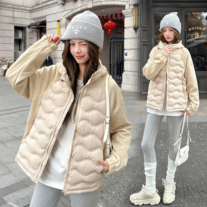 

Осенне-зимние хлопковые пальто женские свободные короткие лоскутные пуховики с капюшоном с длинным рукавом повседневная верхняя одежда студенческая стеганая куртка топы