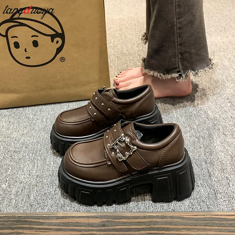 Punk Metal buckle Shoes Woman 2024 New Platform lolita shoes British Style Vintage brown Leather High Heels Woman Casual Loafers