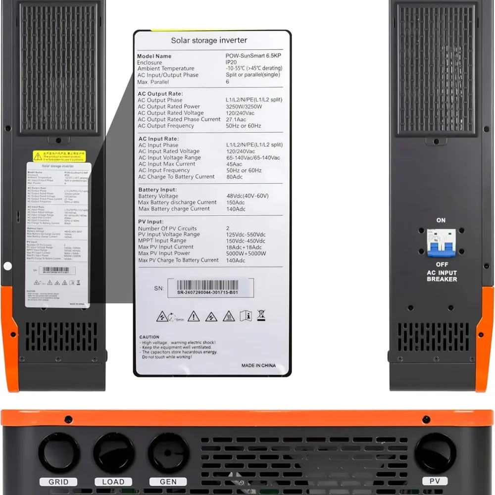 PowMr 48V 6.5KW Split Inverter 110V 220V Dual MPPT 140A 99% High Efficient Charger Up to 6 Units Parallel for GEL LI ion ect