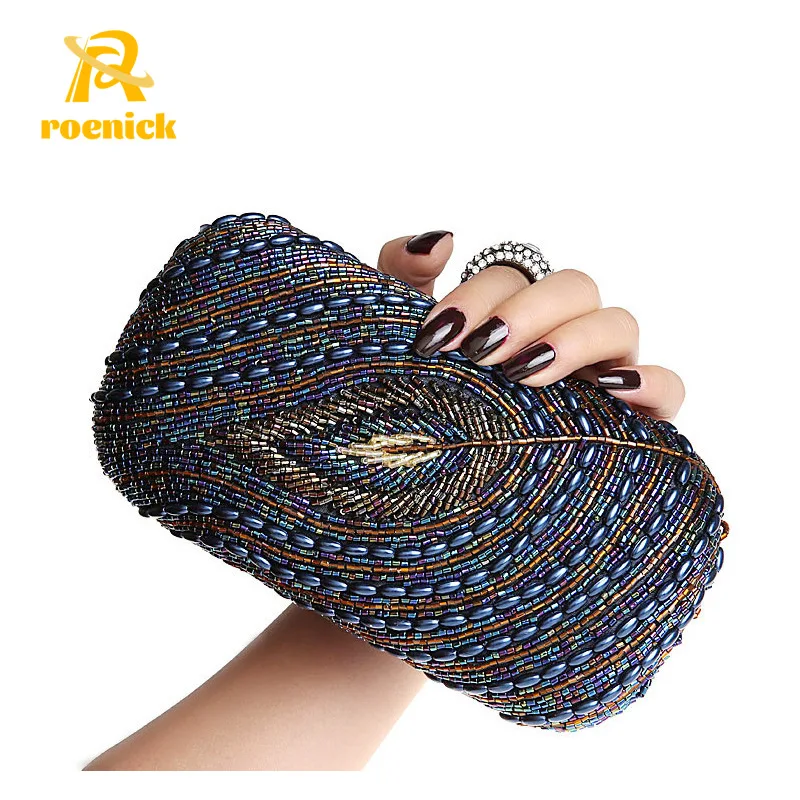 

ROENICK Women Handmade Beaded Evening Bags Female Banquet Cocktail Vintage Peacock Ring Clutch Gold Silver Mini Totes Handbags