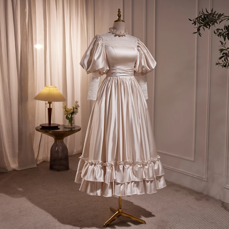 AnXin SH-Robe de soirée à volants en dentelle, col rond, manches longues bouffantes, petite robe blanche personnalisée, satin champagne, fleur princesse