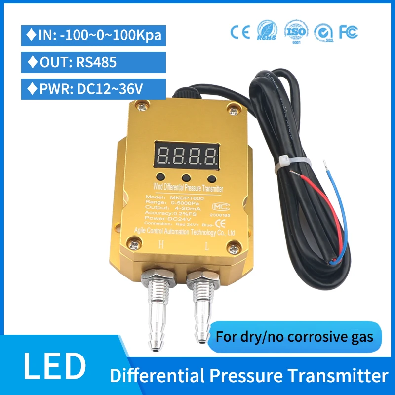 RS485 Low Pressure 1000pa Air Differential Pressure Transducer for Wind LED Display Micro 1kpa Air Differential Pressure Sensor