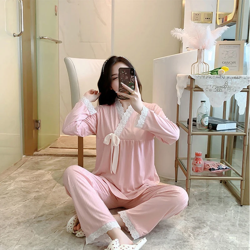 Lace Sleepwear Women Pajama Sets Autumn Korean Pants Sets 2 Pieces Solid Piiama Night Wears Long Sleeve V-neck Ruffles Home Suit