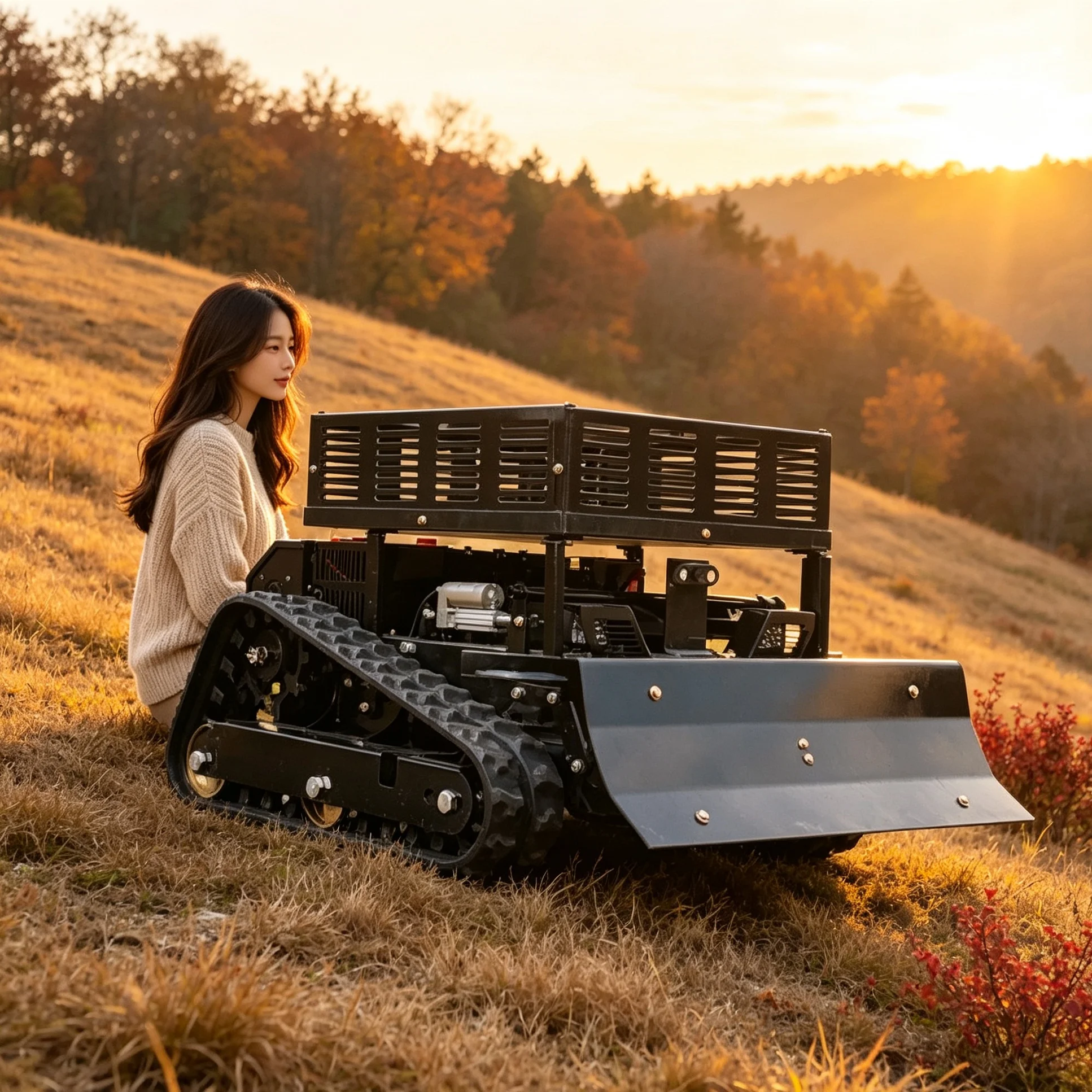 Customized Black 550 Brush Cutter Mulching Crawler Self‑propelled Remote‑control Lawn Mower 4‑stroke Engine with Snow Shovel Car