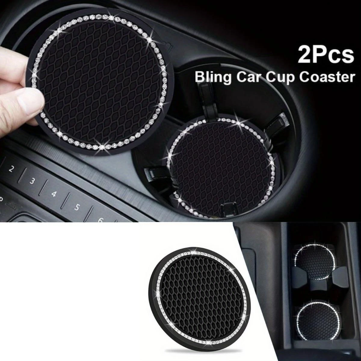 2pcs Round Grid Car Coasters Soft Rubber Artificial Diamond Non Slip Creative Cup Holder Coaster Car Accessories Easy To C image 2