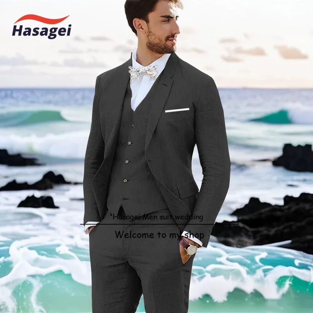 Summer Linen Suit for Men Beach Wedding Tuxedo Jacket Pants Vest 3-piece Set Groom Customized Blazer Set