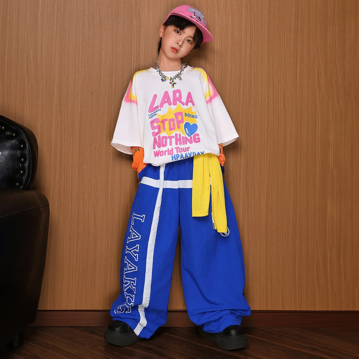 Kid Kpop Hip Hop Clothing White Graffiti Print T Shirt Blue Graphic Skate Baggy Pants for Girl Boy Street Dance Costumes Clothes