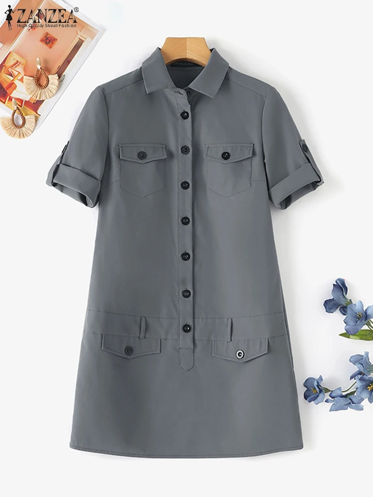 ZANZEA Fashion Cargo Dresses Women Summer Short Sleeve Button Up Mini Dress Daily Casual Work Wear Commute Vestidos Short Robes