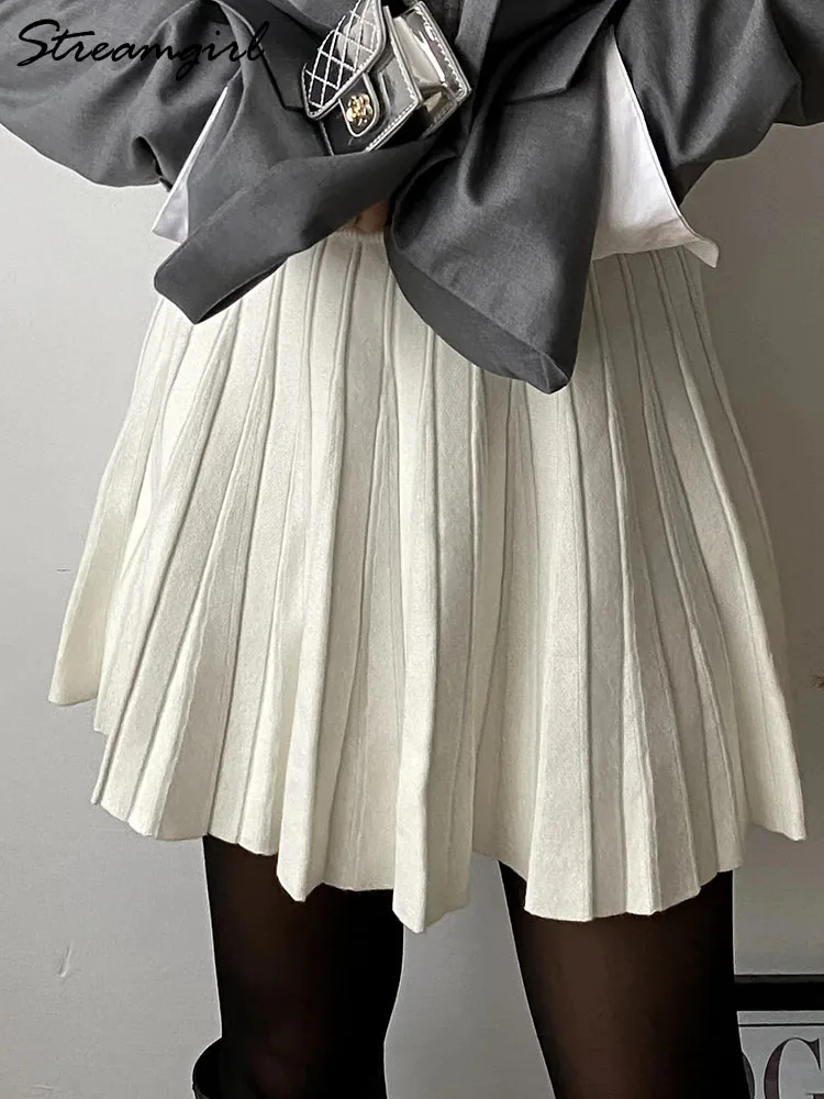 Spring Knit White Mini Pleated Skirts For Women A Line Skirt Gray High Waist Women Knitted Pleated Short Skirts Korean Fashion