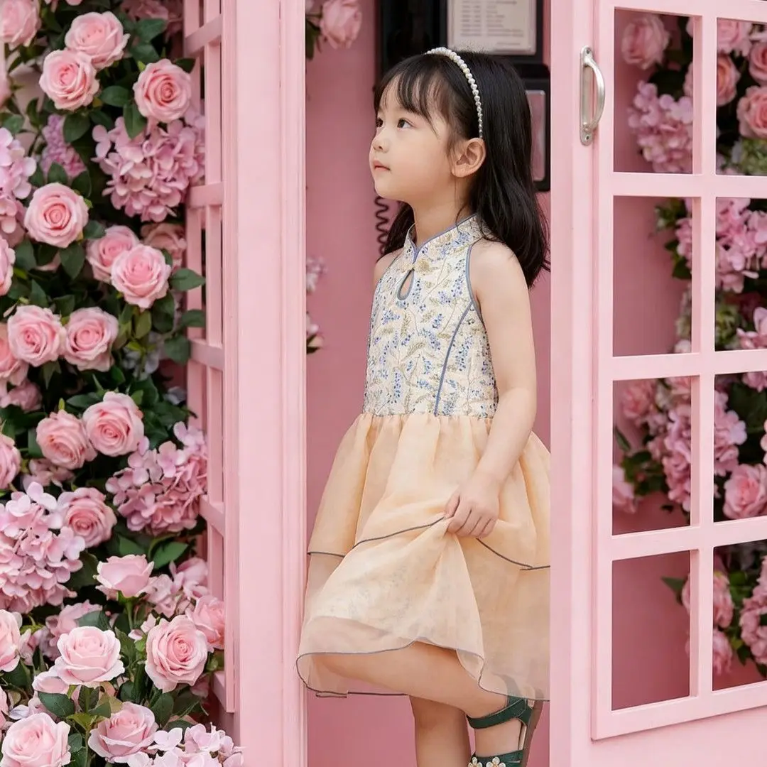 New summer princess dress for girls, new Chinese style bow, sleeveless hanging neck, fluffy mesh dress for adults
