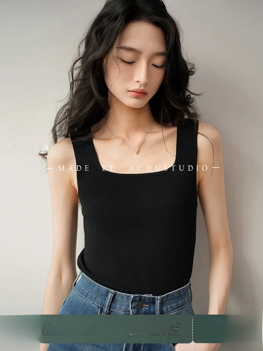

Achu Stylish Cool Black Knitted Crop Top Women's Outerwear Inner Match Slim Fit Square Collar Strap Vest Fashionable Commute