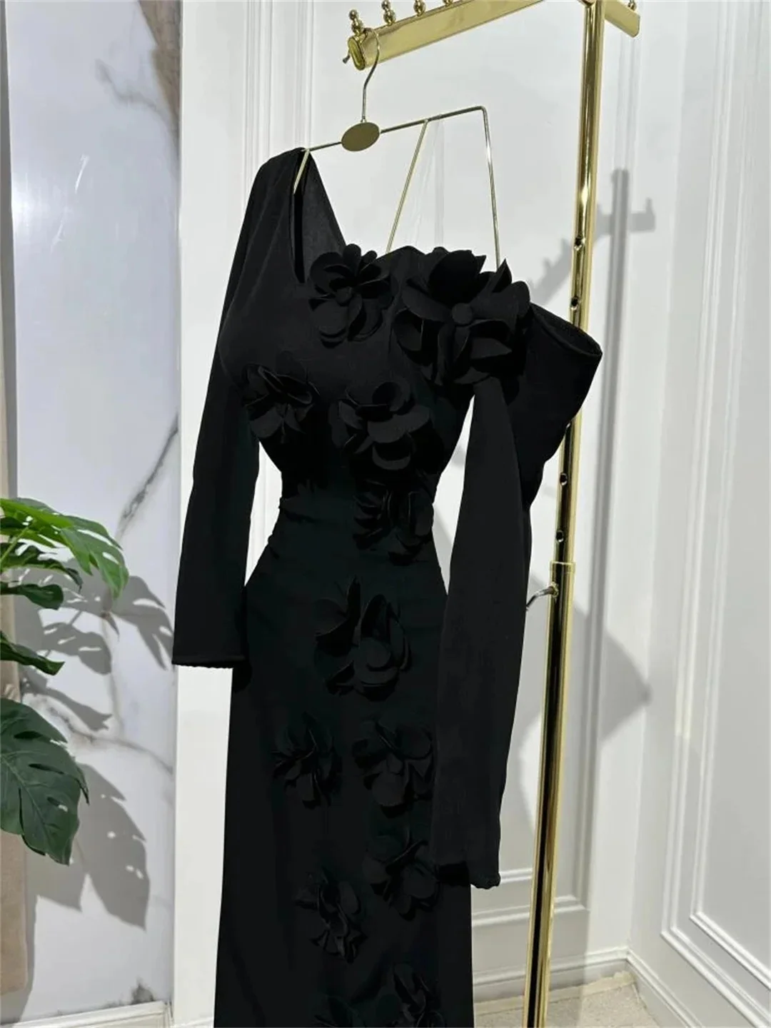DY Custom Made Black Side Slit Long Sleeves Robe Open Back Floor Length One Shoulder Wedding Evening Dress فستان سهرة