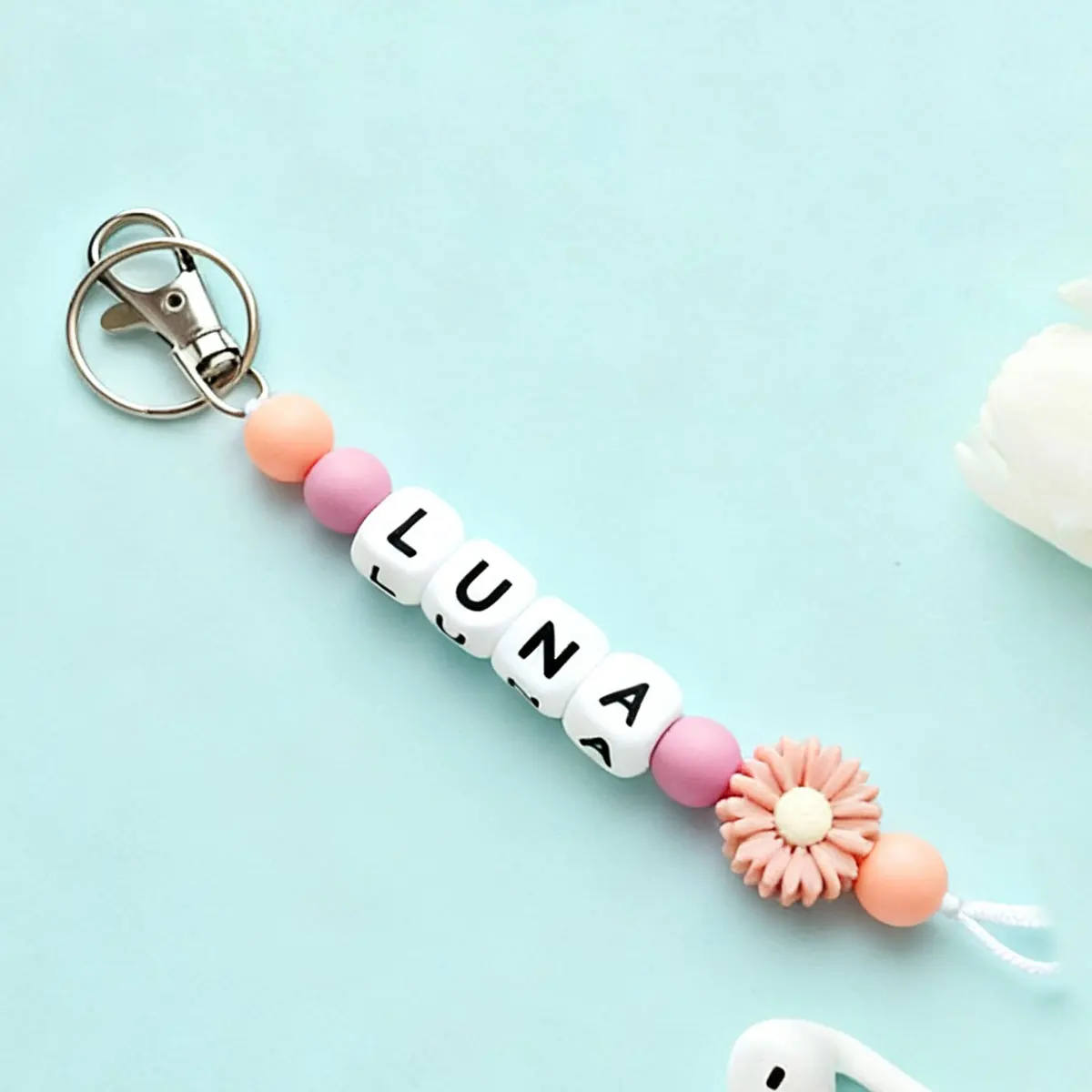 Personalized Custom Daisy Silicone Keychain, Beaded Bag Charm