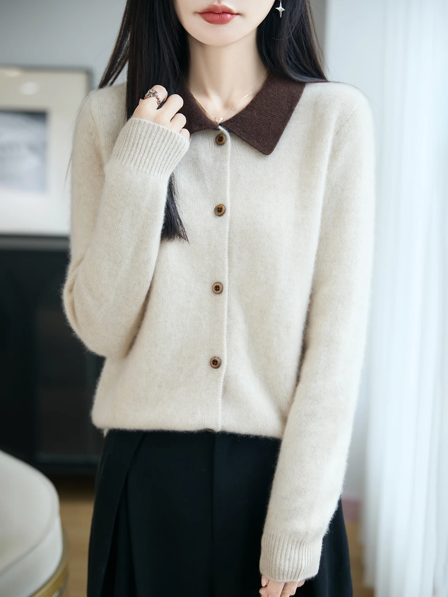 100% Merino Wool Women's Polo Collar Color-Block Autumn/Winter Thickened Casual Fashion Cashmere Knit Card