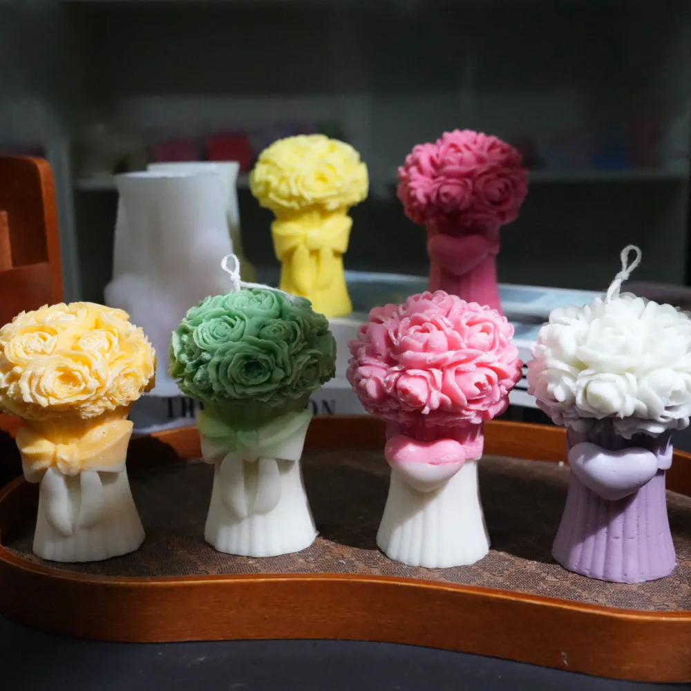 Molde de ramo de flores en relieve para vela perfumada, molde de silicona de yeso de racimo de rosas 3D, jabón de corazón, regalos para el día de la madre, decoración romántica