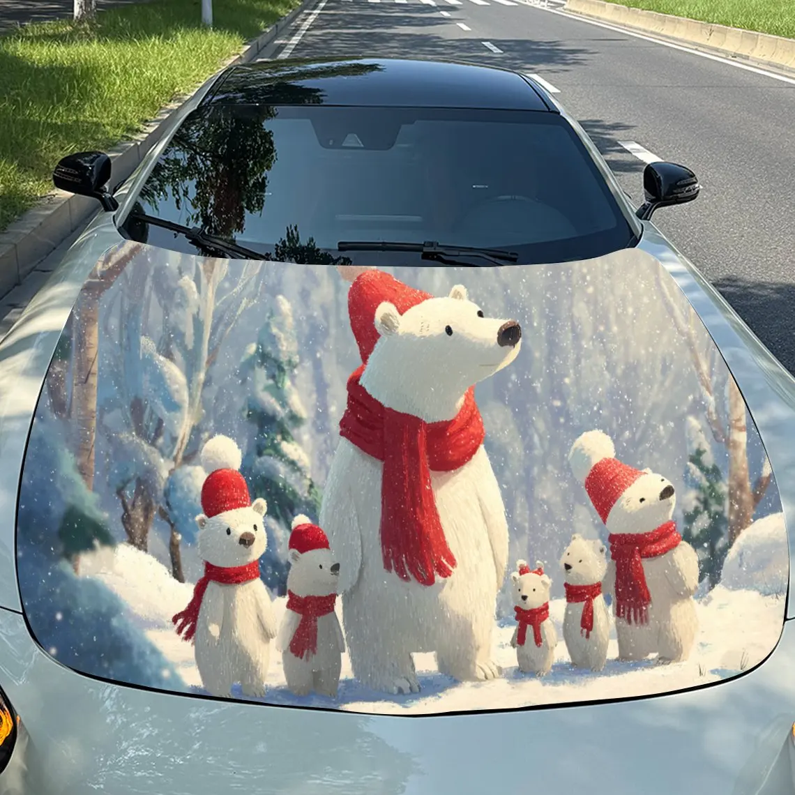 

Festive Christmas Polar Bear Family Auto Cover Sticker, Waterproof and Self-adhesive Auto Hood Decal, Auto Vinyl Wraps, Cool Car