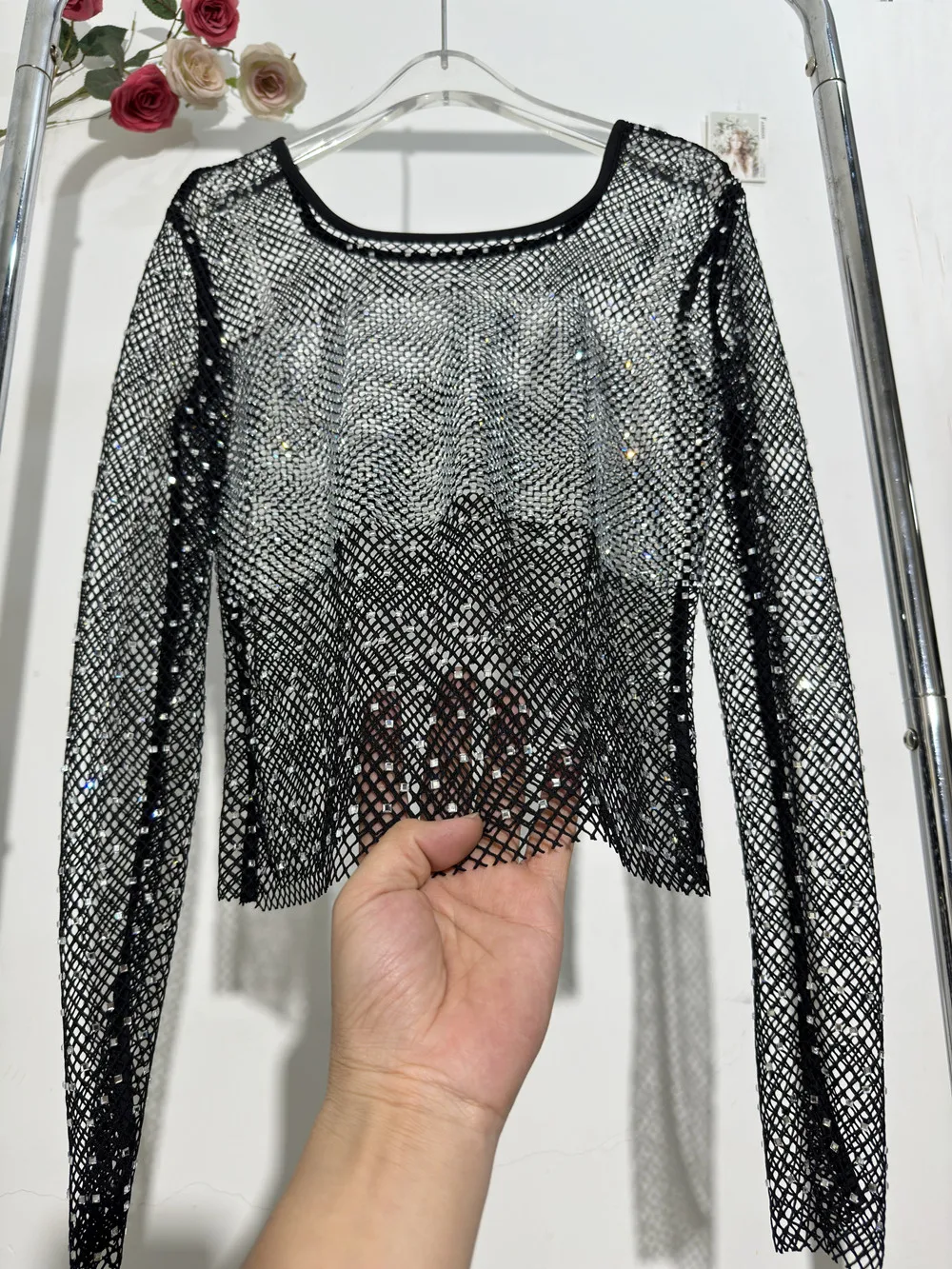 2025 New  Hot-drilled Fishnet Hollow See-through T-shirt Design O-neck Slim-fitting  Women’s Fashion Top y2k Summer Clothes