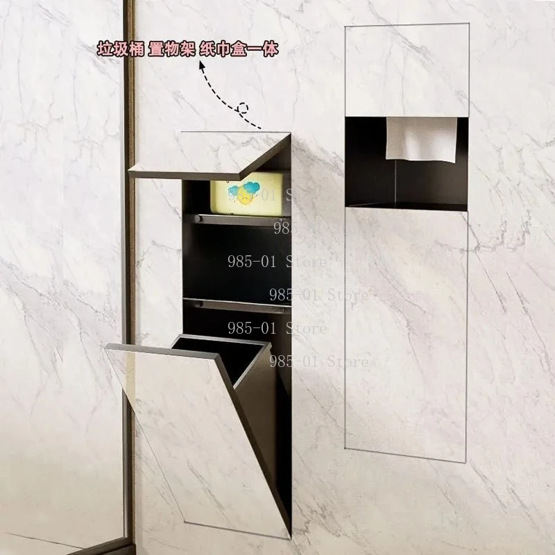 304 Stainless Steel Hidden Trash Can Tissue Box Toilet Niche Embedded Wall Mounted Storage Cabinet