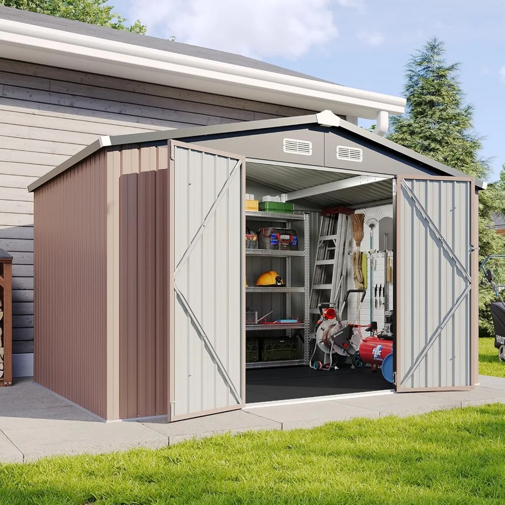 

Оцинкованный навес для хранения 10x8 с влагостойким полом 15 мм, прочный навес для хранения на открытом воздухе, двойными дверями и наклонной крышей