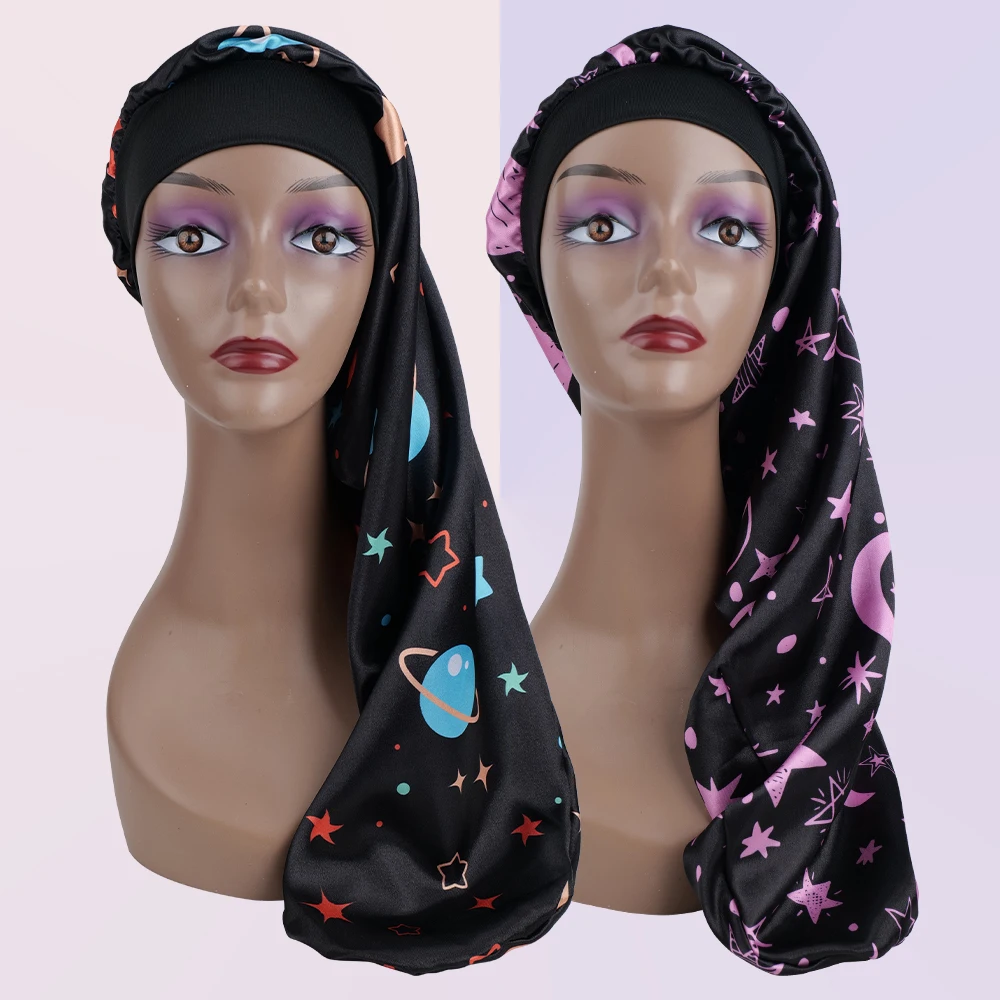 1pc Printed Satin Sleeping Caps for Long Braids, Extra Long Satin Bonnet with Wide Brim, Soft Hair Protection Cap