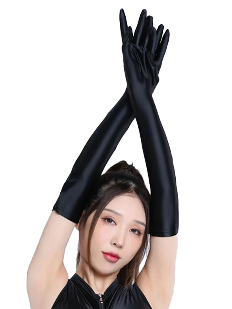 Sexy Women Smooth Shiny Elastic Glove Oil Gloosy Silky Sheer See Through Long Gloves Sunscreen Driving Glove Luxury Candy Color