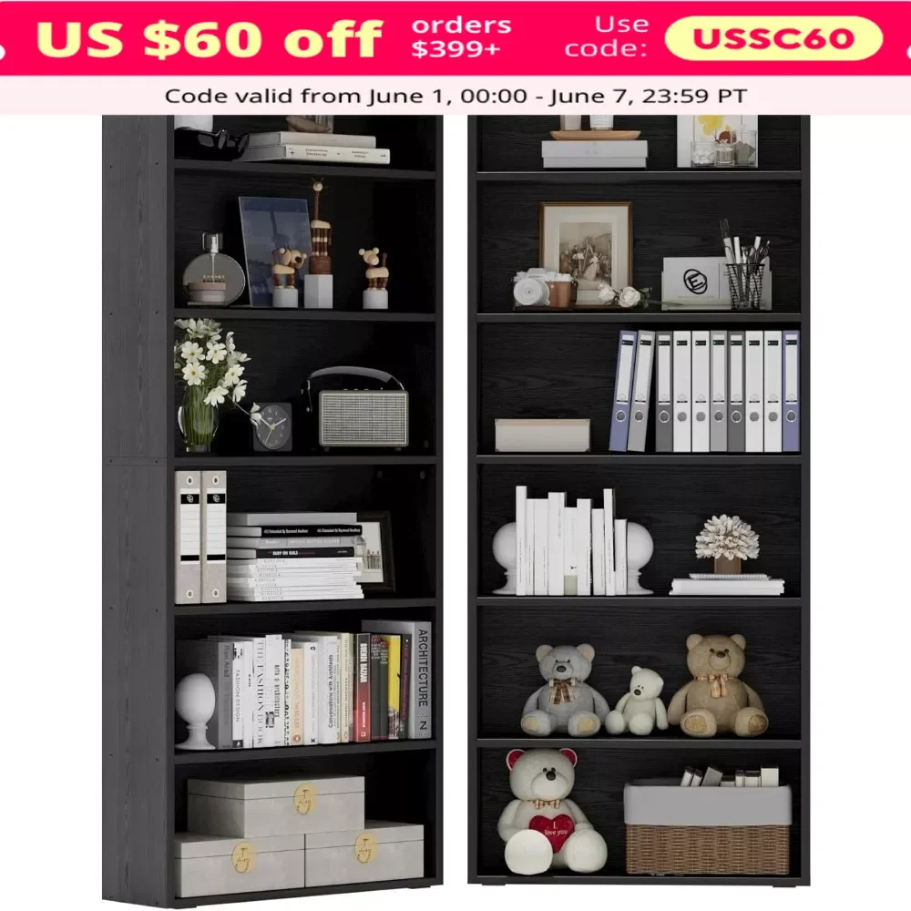 Bookcase, Bookshelves Set of 2, Floor Standing 6 Tier Display Storage Shelves, for Home Office, Living Room, Bed Room, Bookcase