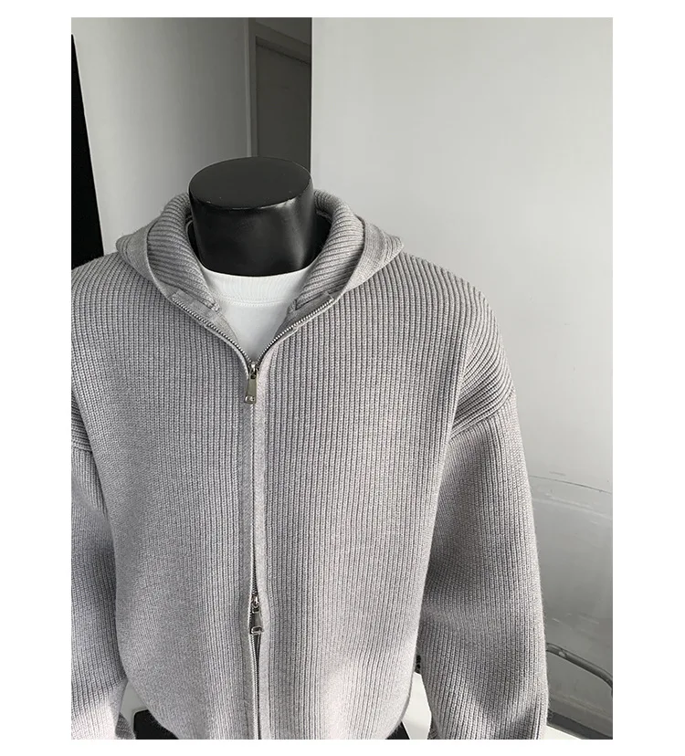 2026 New Autumn Winter Simple Solid Color Knitted Hoodie Men Japan Korean Fashion Casual Loose Double Zipper Hooded Jacket