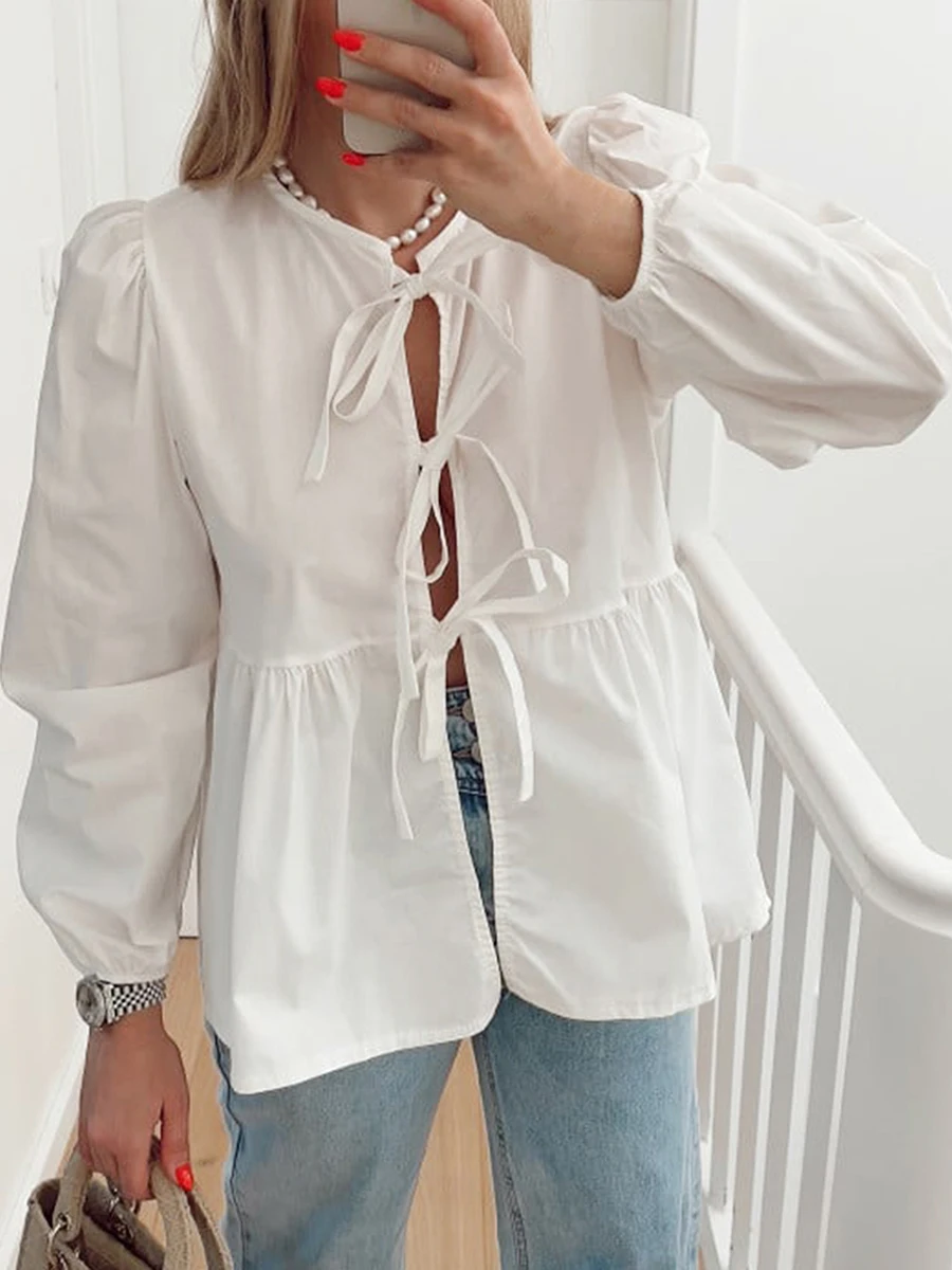 

Fashion New Shirt Women Stripe Lace Up O-neck Ruffled Hem 2024 Spring Summer Long Sleeve Shirts Office LadyTop Blouse Streetwear