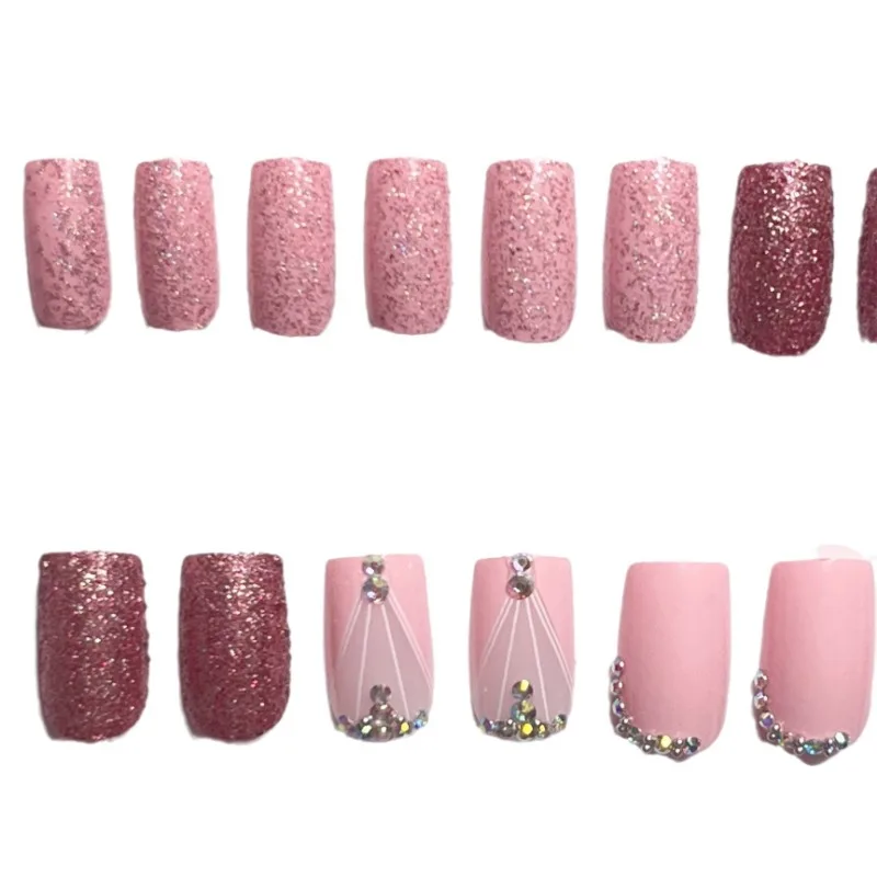 24 stücke rosa Diamant Glitter drücken auf Acryl nägel mittellange quadratische wieder verwendbare selbst klebende falsche Nägel mit Kleber Voll deckel Maniküre