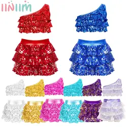 Kids Girls Metallic Sequins Jazz Latin Dance Performance Outfits Single Shoulder Vest Crop Top with Skirt Dancewear Costume Suit