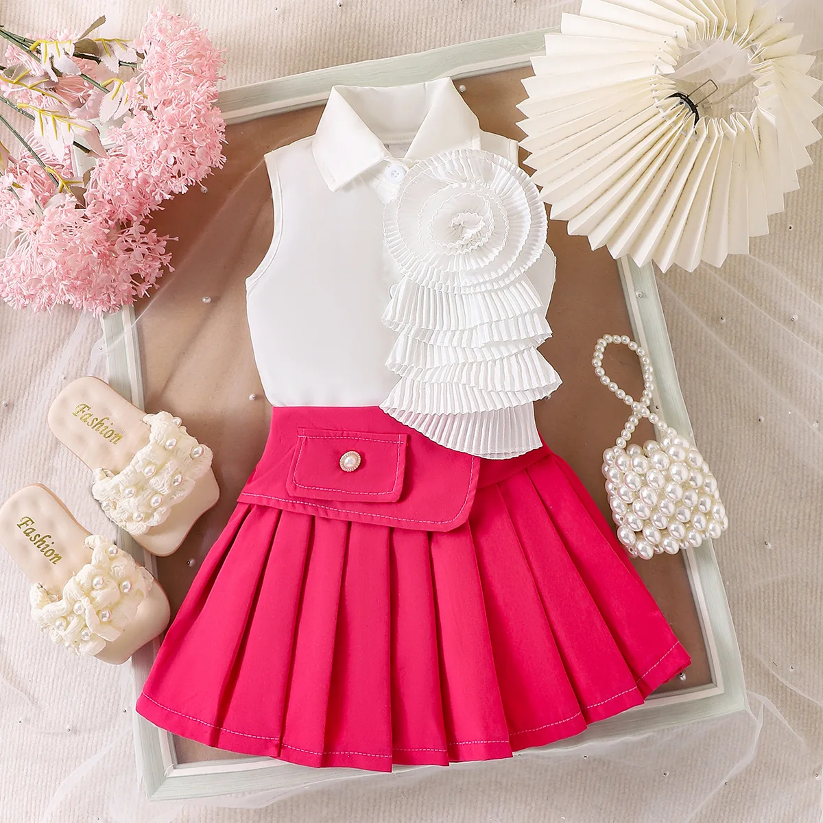 

Summer New Girls Set Children Three-dimensional Flowers Decorated Lapel Blouse + Pleated Skirt Two-piece Set