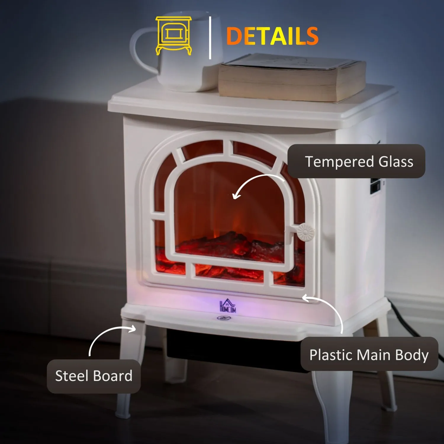 موقد كهربائي من هومكوم، سخان مدفأة قائم بذاته مع لهب LED واقعي، حماية من الحرارة الزائدة، 750 وات/1500 وات، أبيض #4