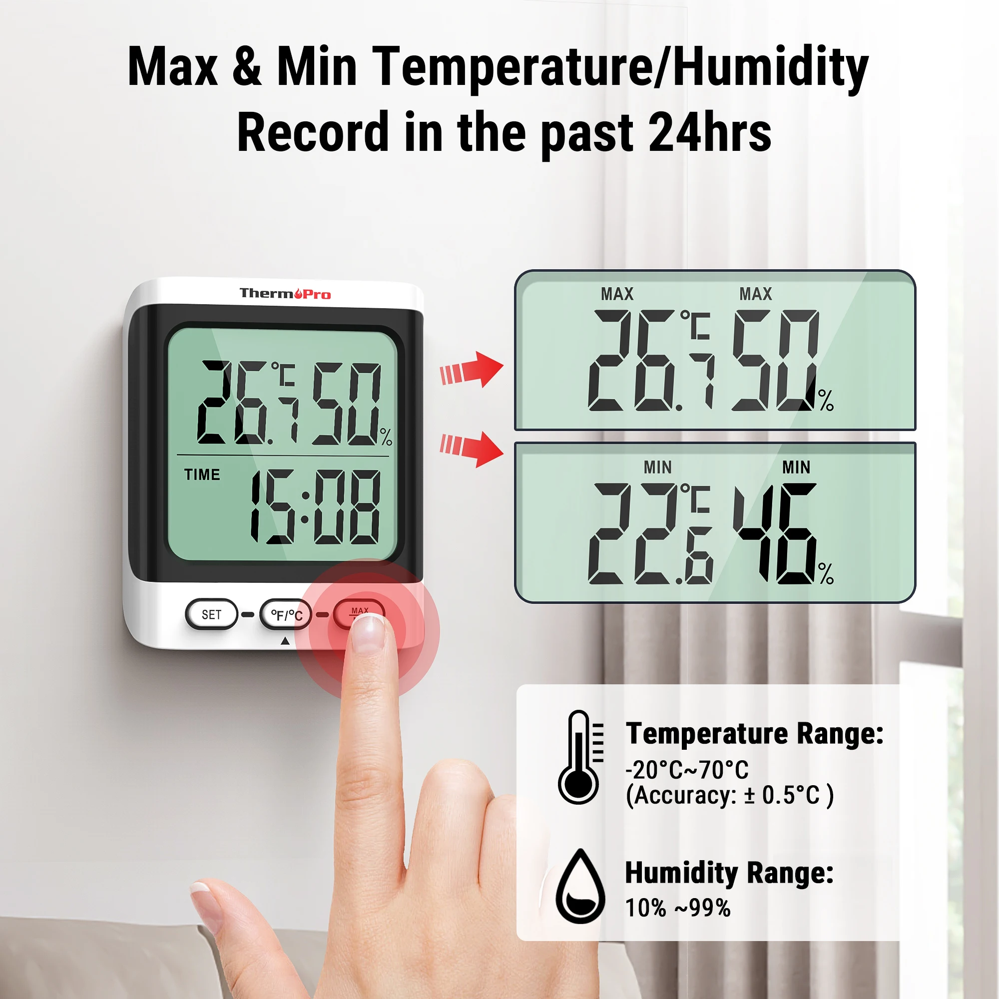 ThermoPro TP152 Large LCD Screen Digital Indoor Home Thermometer Hygrometer With Clock Function