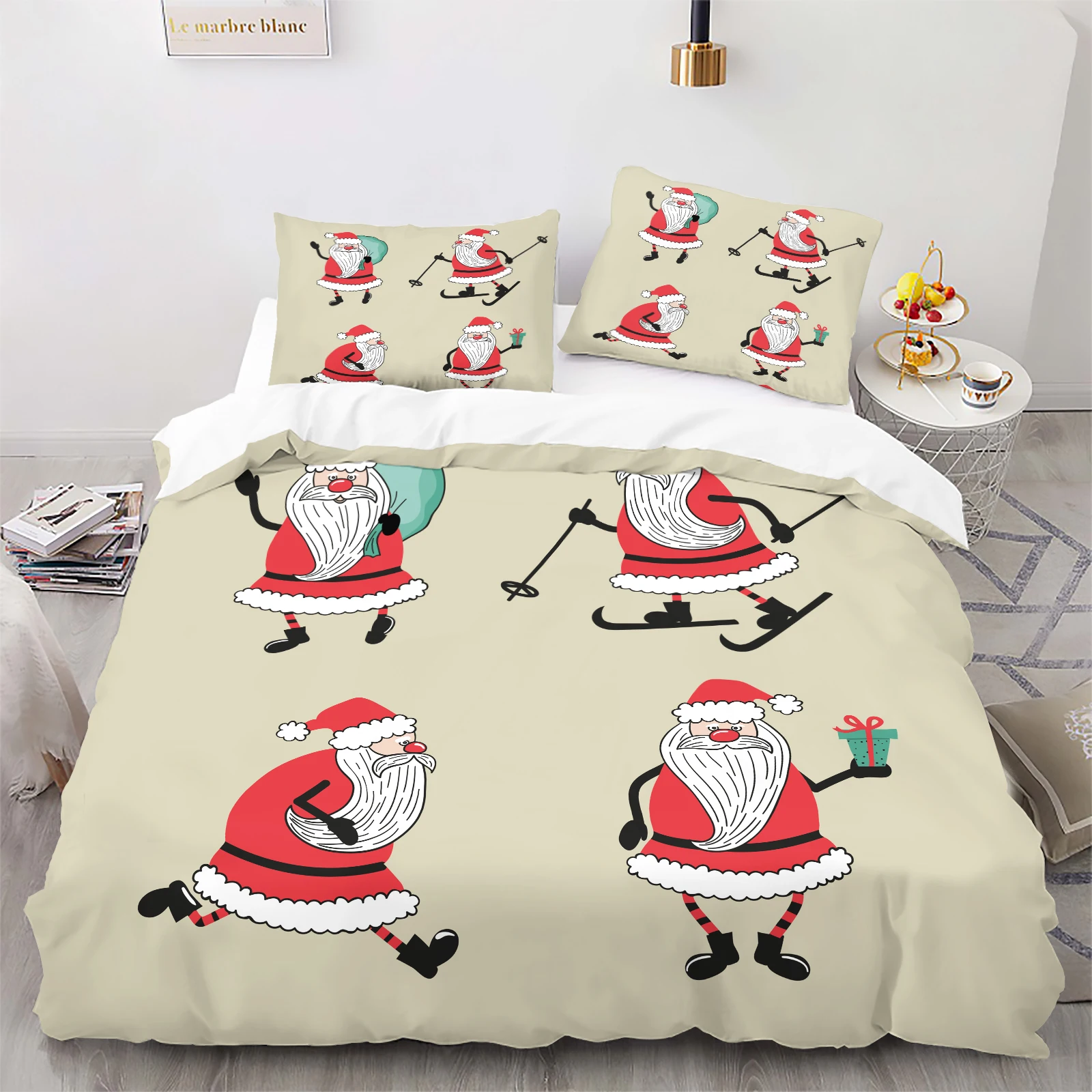 2/3Pcs Retro Santa Activity Duvet Cover Set, Beige Background with Skiing & Gift Print, Festive Holiday Bedding, No Duvet Insert