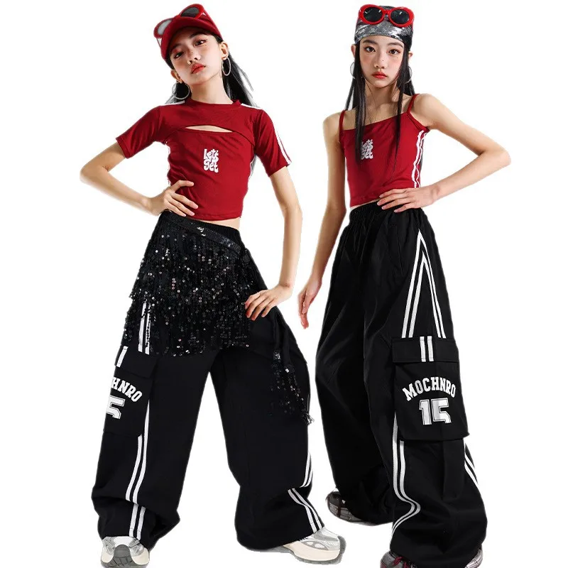 

Hip Hop Girls Fashion Crop Top Cargo Sweat Pants Children K-pop Streetwear Girl Group Clothes Set Kids Street Dance Jazz Costume