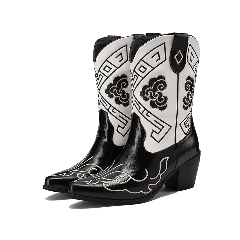 

Embroidered Cowboy Boots For Women Ankle Wide Calf Western Cowgirl Boots Retro Chunky Heels Shoes 2025 Fall Winter Footwear