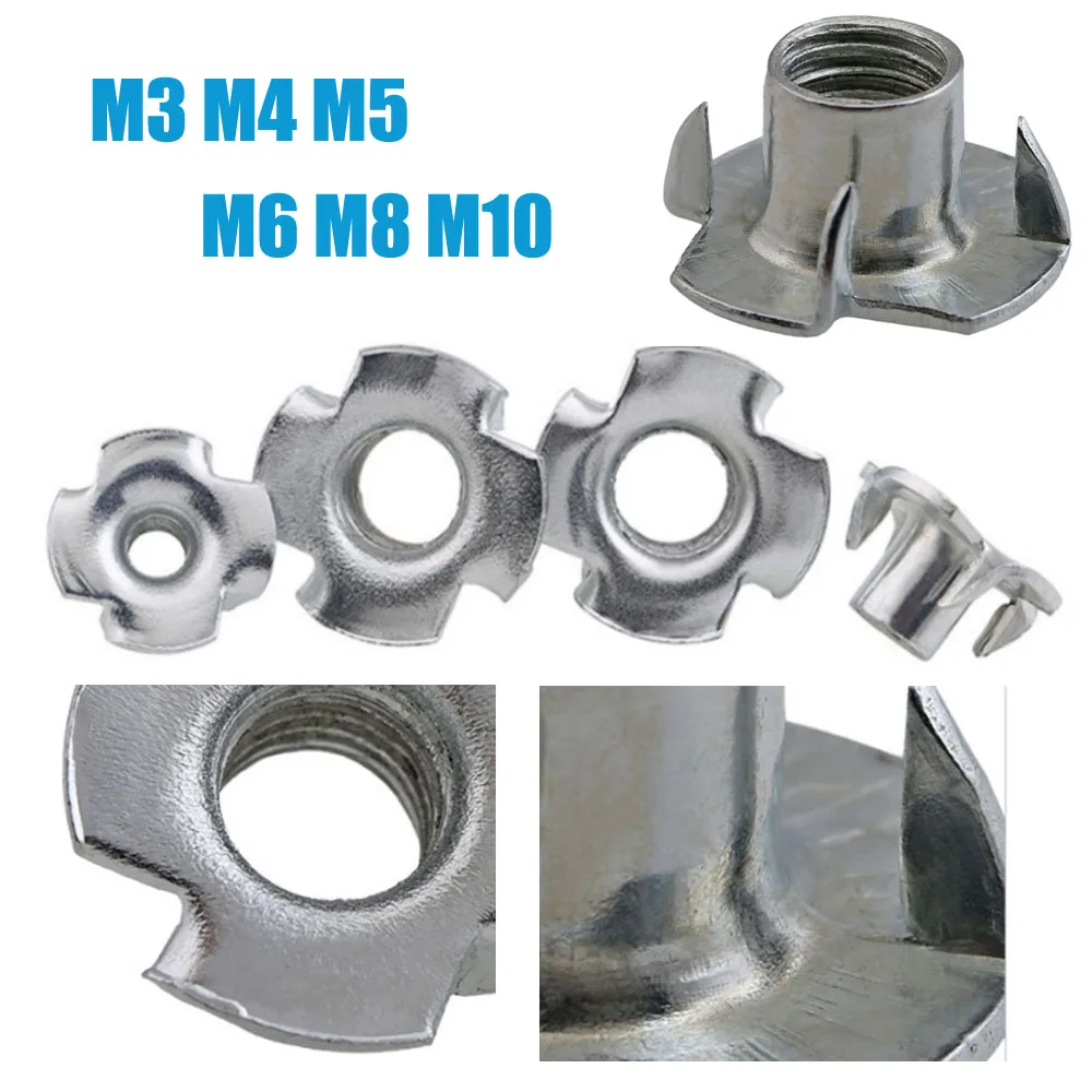Zinc Plated Four Claw T Nuts M3 M4 M5M6 M8 M10 Pronged Insert Blind Tee Nut Knock In Captive Fastener For Wood Speaker Furniture