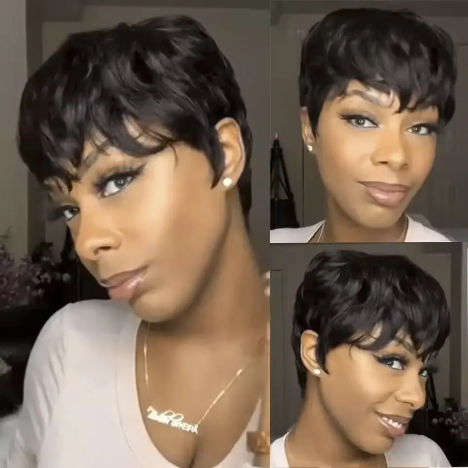 女性用ショートピクシーカットウィッグ ブラック人毛ウィッグ 前髪付き レミーヘア レイヤードショート人毛ピクシーカットウィッグ 機械製