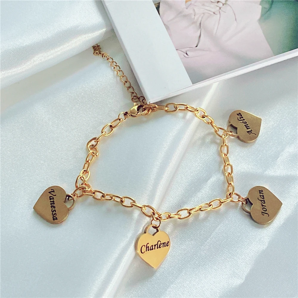 Pulseira personalizada em forma de coração para mulheres, pulseira com nome personalizado, aço inoxidável, presentes de joalheria