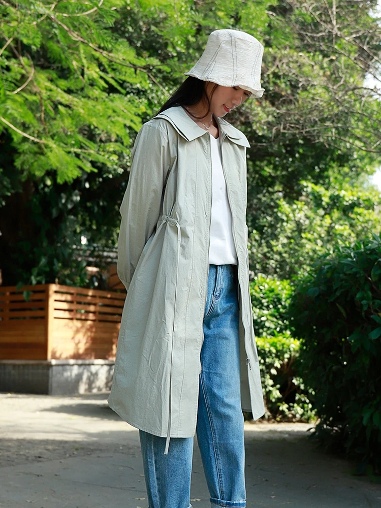 

Double Layered Long Sve Windbreaker Coat Women's High Waist Belted Collar Spring 2023 Faion Commute Sle Cotton Blend