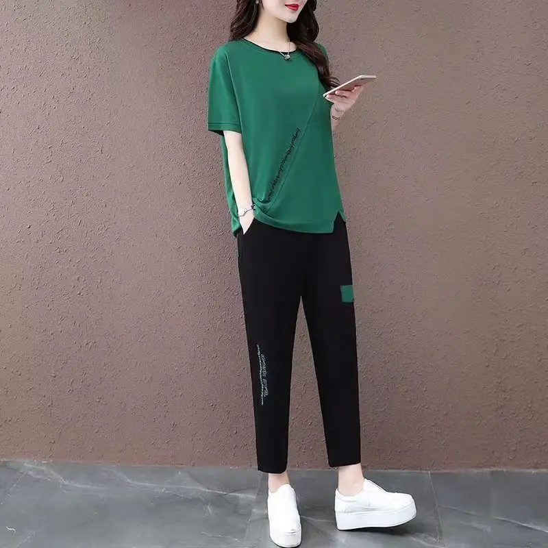 Komplet sportowy plus size dla kobiet na lato 2024, modny, luźny krój, dwuczęściowy zestaw, narzutka.