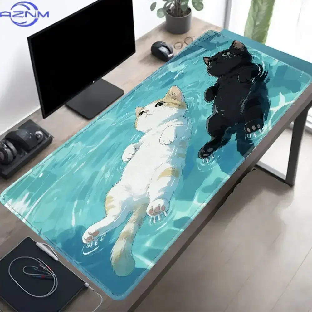 Large Gaming Mouse Pad, Polyester, Rubber Non-Slip Base, Cute Kawaii Black White Orange Cat Swimming Pattern, Desk Mat for Offic