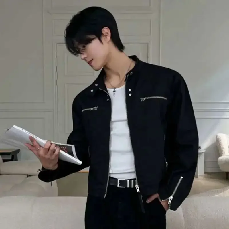 

Воротник-стойка, однотонные мужские куртки на молнии в стиле пэчворк, повседневные топы в корейском стиле, свободное короткое мужское пальто, весеннее простое