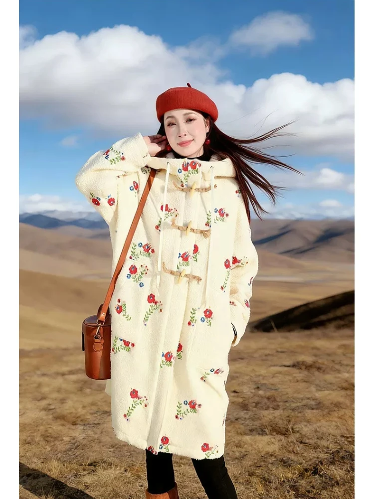 116-126cm Bust Winter Wool Coats Women French Elegant Luxurious All-Over Embroidered Shearling Coat Hooded Thickened Warm Jacket